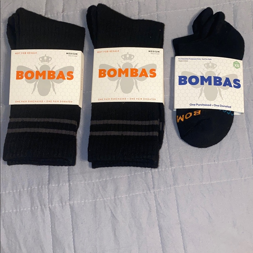 Bombas Socks Lot 3 Pairs New With Tags Medium Crew + XS No Show Black Cushioned - Picture 2 of 5